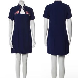 Staud Mock Neck Floral Embroidered Mini Navy Dress size xs